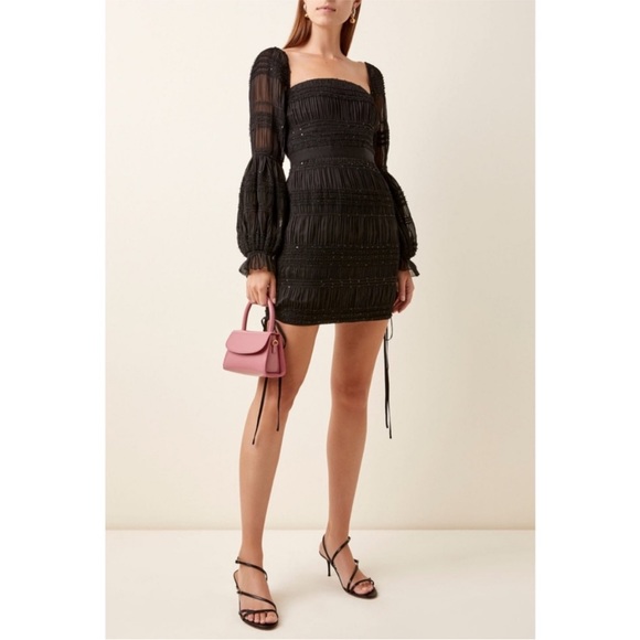 NEW Self-Portrait Shirred Chiffon Dress Black 6 - Picture 7 of 17